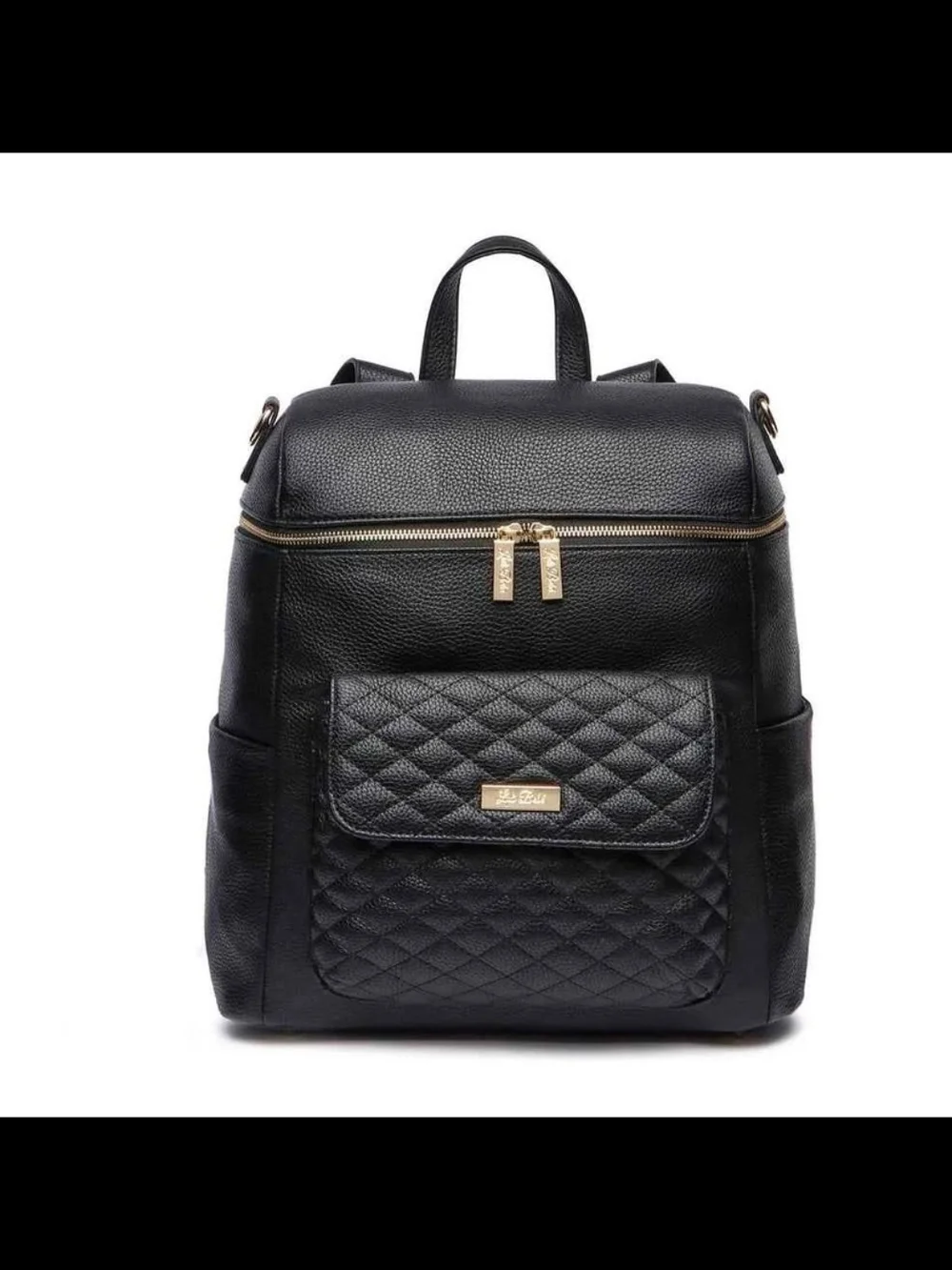Quilted Front Black Leather Backpack with Gold Accents